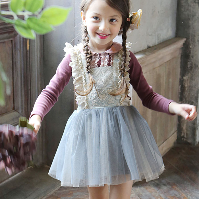 韩国童装2015秋新品女童套装裙长袖T恤蕾丝网纱公主背带裙两件套