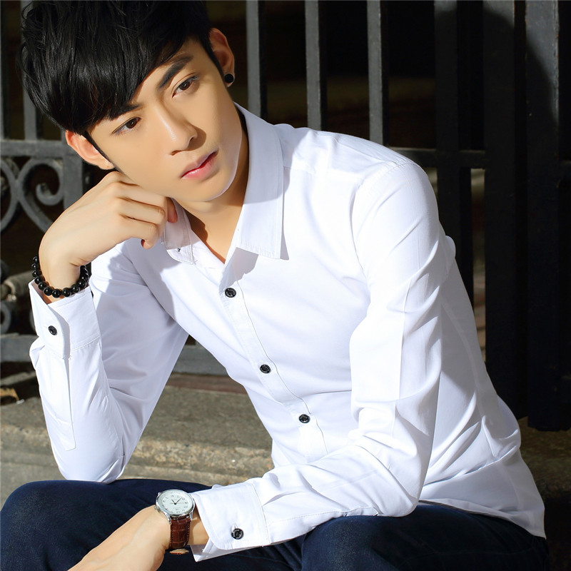 春季韩版长袖衬衫男潮男士修身纯色男装休闲纯棉衬衫青年长袖衬衣