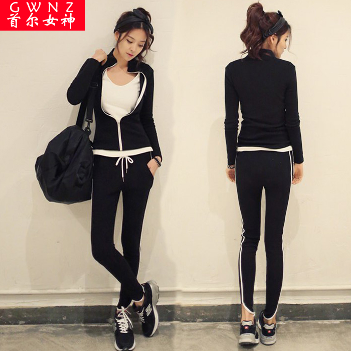 韩国代购秋装新款运动服休闲时尚套装女潮流两件套卫衣长裤黑修身
