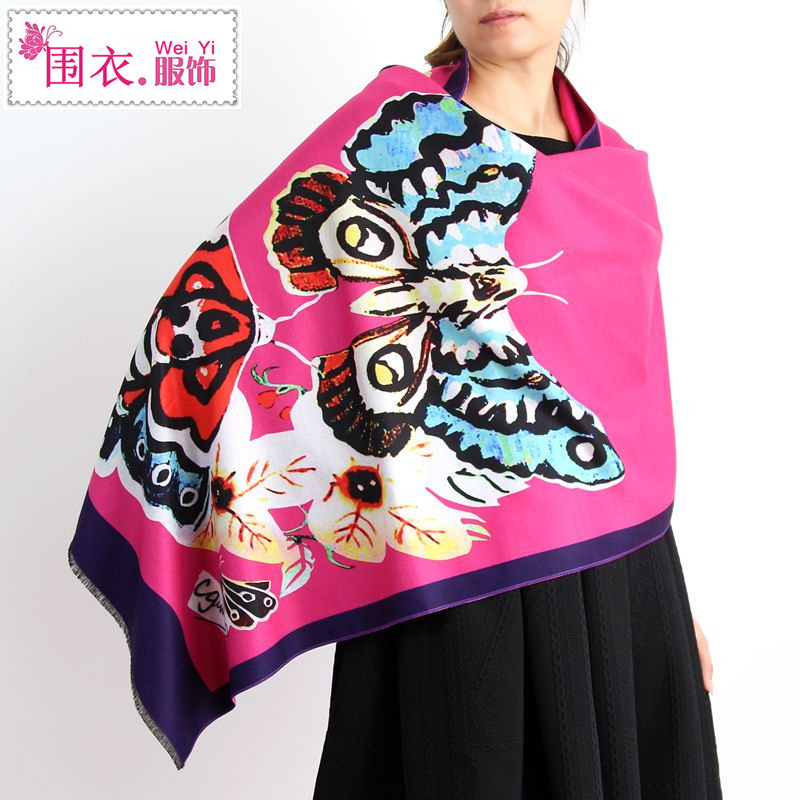 2015韩版秋冬季蝴蝶图案围巾女加厚印花长款双面两用羊绒保暖披肩