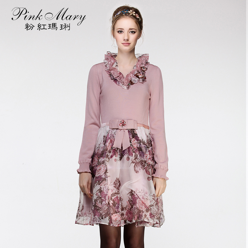 Pink Mary/粉红玛琍拼接针织V领蕾丝印花连衣裙子7.28新PMAB85101