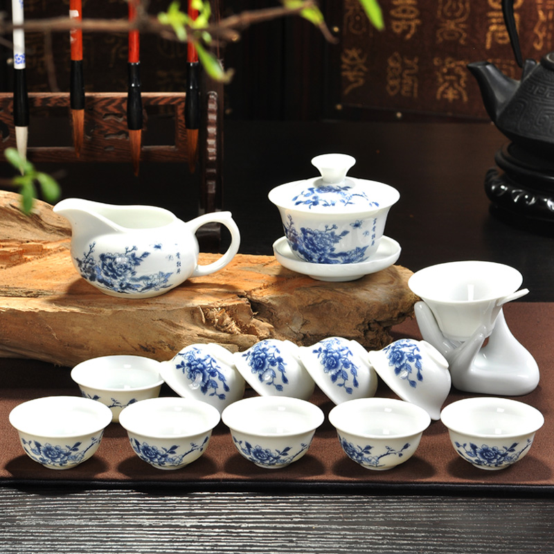 景德镇陶瓷功夫茶具套装 青花瓷盖碗茶杯家用特价 可订制LOGO礼品