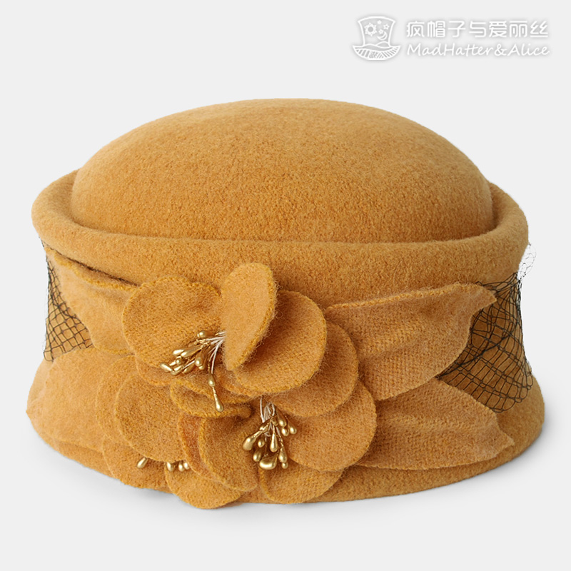 【花芊】羊毛毛线帽子可折叠盆帽韩版针织帽花朵保暖优雅秋冬女折扣优惠信息