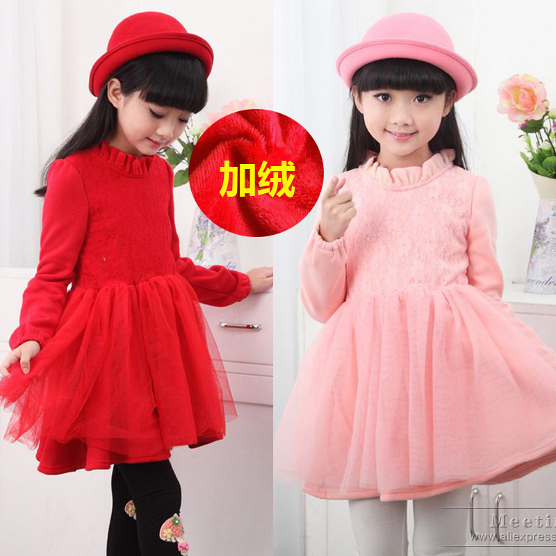 女童2015秋冬装加绒加厚红色长袖连衣裙韩版儿童合唱主持表演礼服