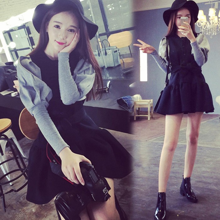 秋冬女装2015新款韩版两件套装短裙子修身公主裙显瘦长袖连衣裙潮