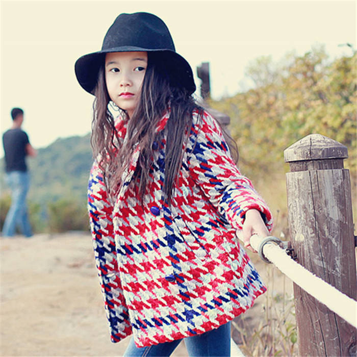 韩国童装 2015新款甜美公主女童儿童女宝宝小格子外套羊毛呢大衣