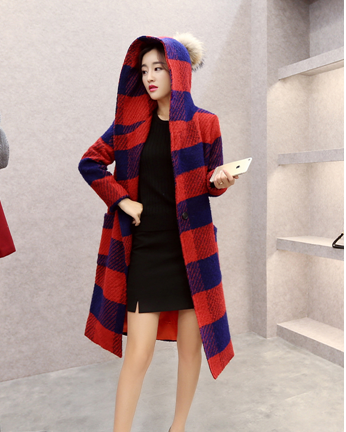 时尚新款连帽拼接修身黑色纯色通勤常规韩版红色格子潮流女士大衣