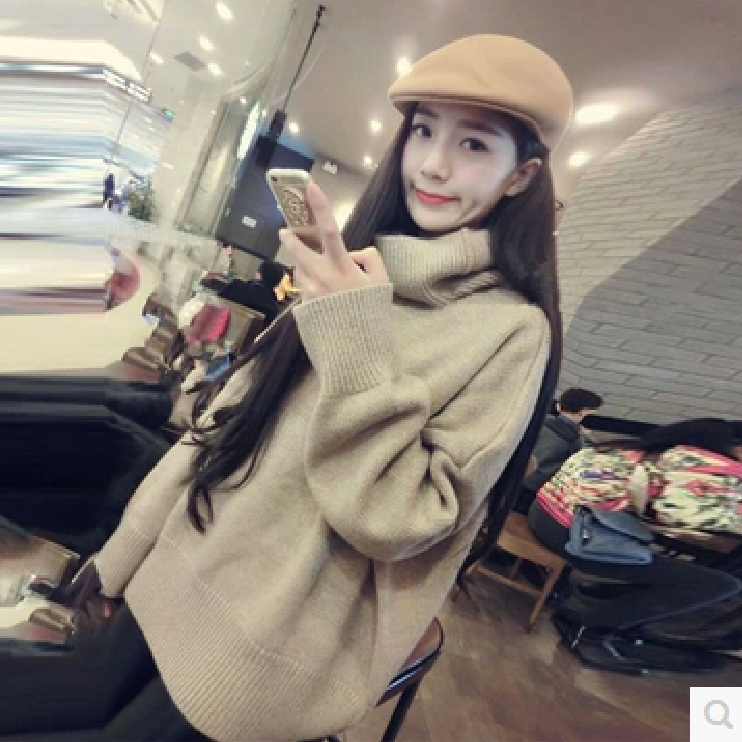 韩国2015秋冬新款韩版高领宽松毛衣套头女纯色中长款显瘦针织衫潮