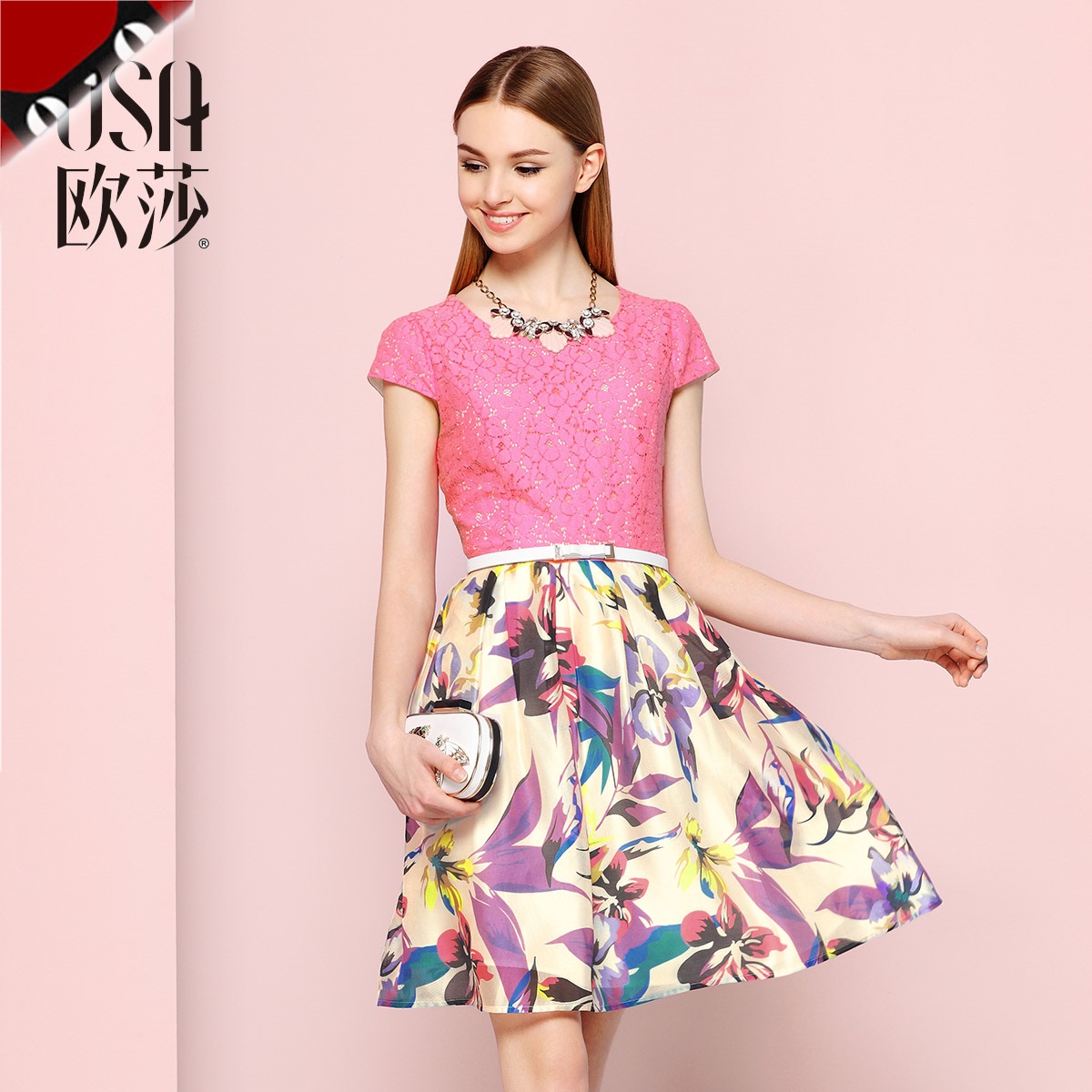 OSA欧莎2015夏季新款女装 优雅蕾丝精致印花短袖连衣裙SL515049折扣优惠信息