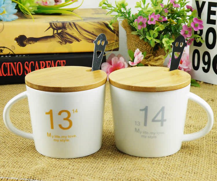 陶瓷马克杯定制 1314情侣杯大容量杯子带盖带勺 咖啡杯办公室水杯