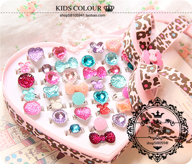 韩国韩版饰品儿童女童女孩公主生日礼物豹纹钻石宝石戒指礼盒套装