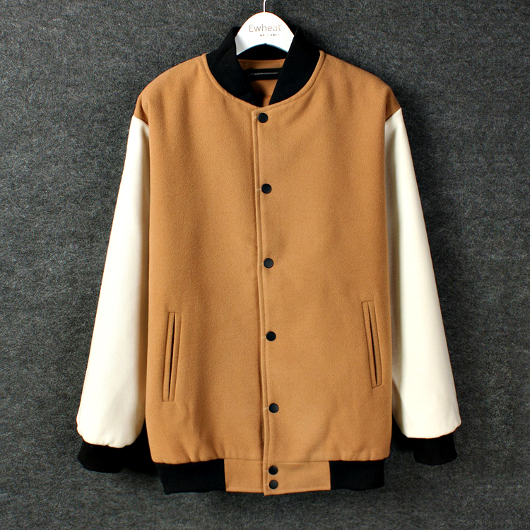 2014年 秋冬韩版宽松中长款毛呢拼色棒球服女士外套立领夹克衫