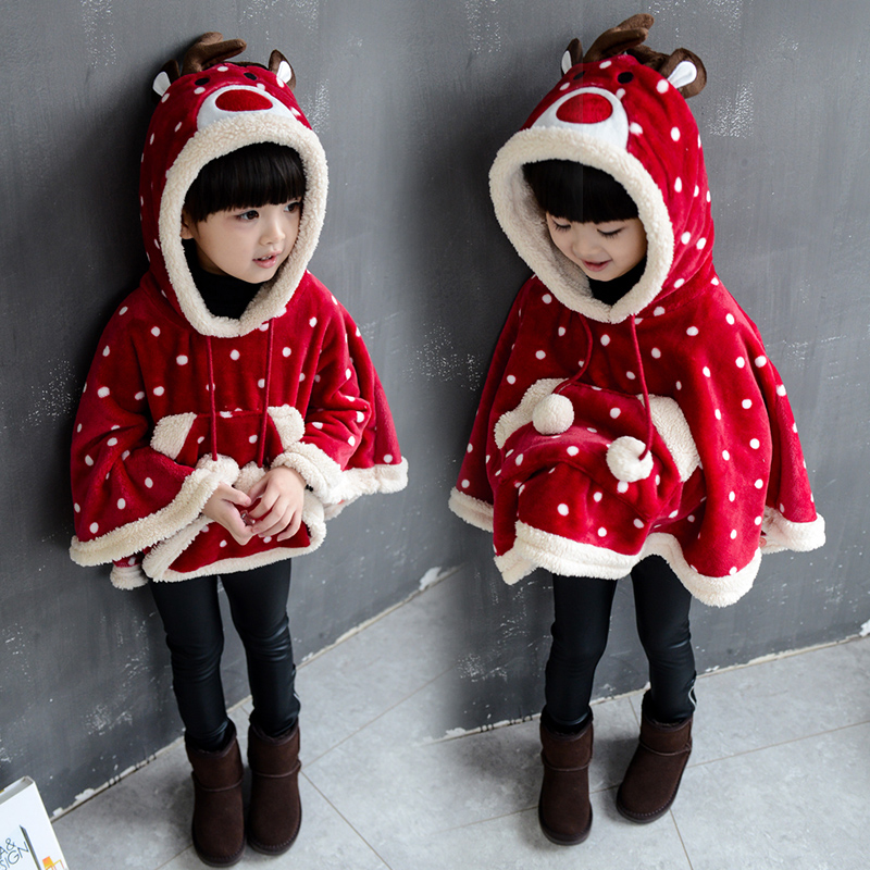 女童冬装外套2015新款韩版儿童宝宝秋冬圣诞加绒圆点斗篷披风上衣