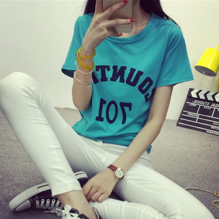 韩版女装2016夏季新款半袖上衣圆领字母印花学生打底衫短袖T恤潮