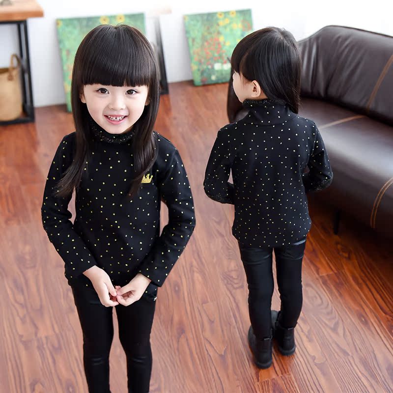 童装女童2015秋冬装新款韩版儿童打底衫宝宝纯棉高领波点长袖t恤
