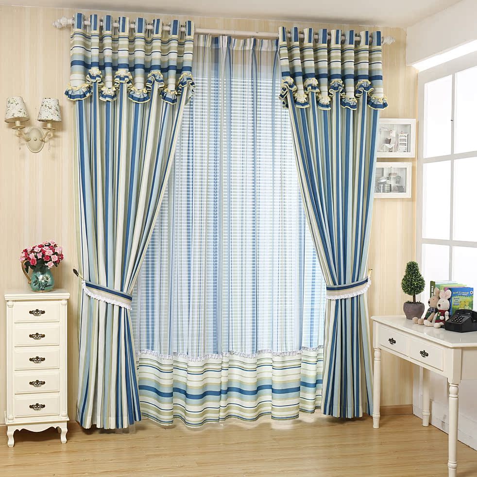 竖条纹蓝色遮光地中海窗帘田园现代简约卧室客厅成品窗帘定制窗纱