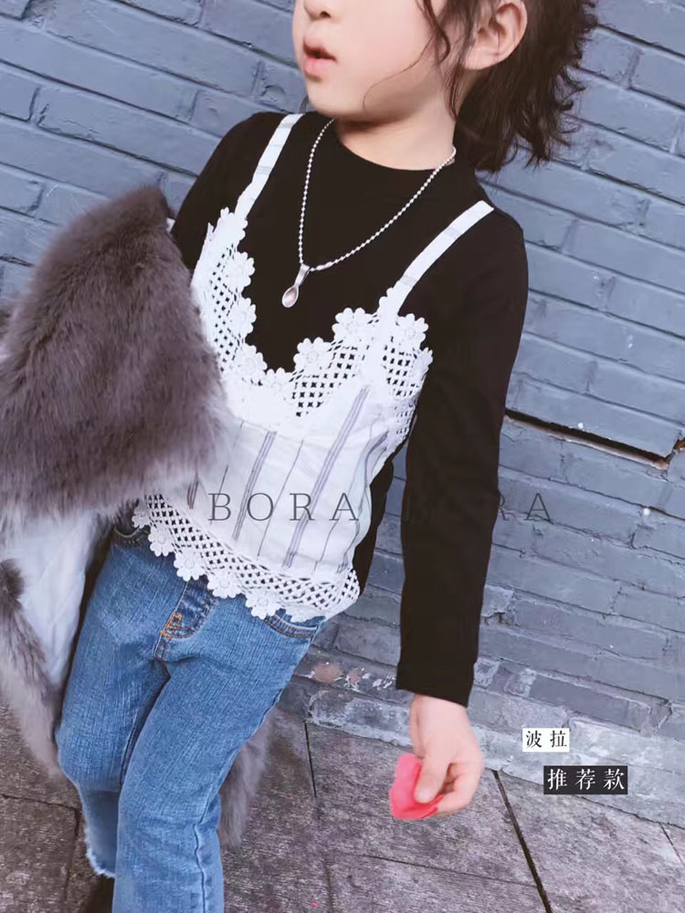 韩国BORABORA童装2017春季新款假2件长袖T恤现货