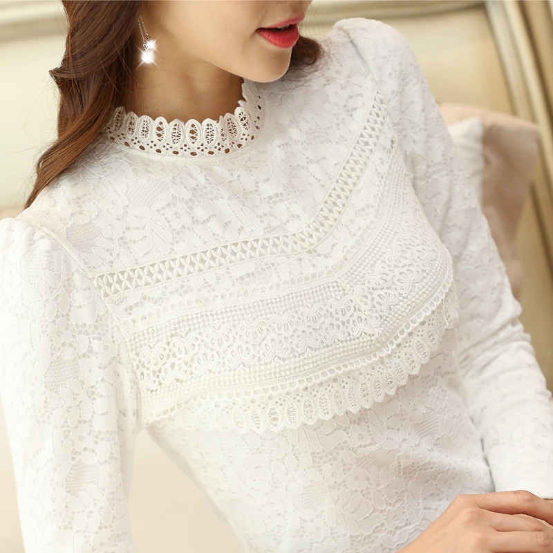 秋季韩版新品大码女上衣修身显瘦长袖立领打底衫冬加绒加厚蕾丝衫