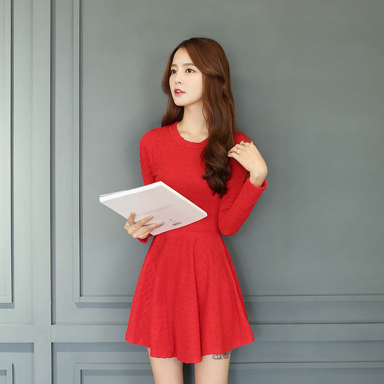 新款韩国 秋季红色针织连衣裙长袖女显瘦气质小香风a字裙裙