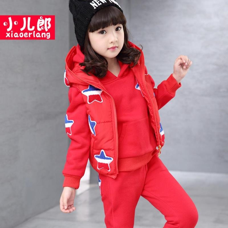 童装女童冬装2015儿童保暖卫衣三件套加厚加绒女大童韩版运动套装