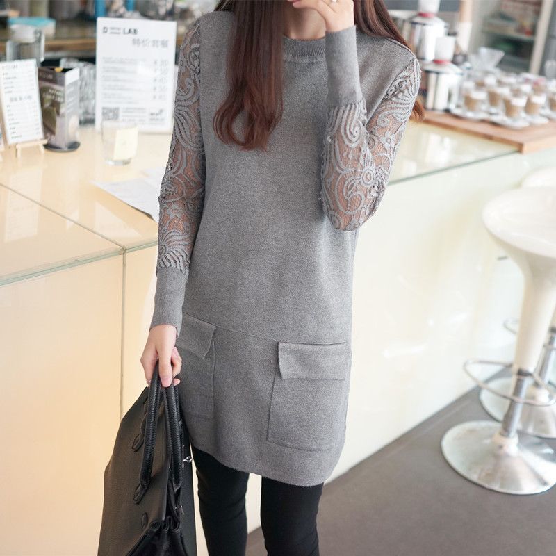 2015年春秋冬季新款韩版女士毛衣圆领蕾丝镂空修身中长款针织衫折扣优惠信息