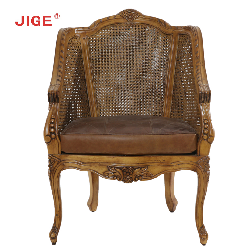 JIGE天悦 高档出口家具 欧式 美式 复古实木家具椅 天然藤椅 皮垫