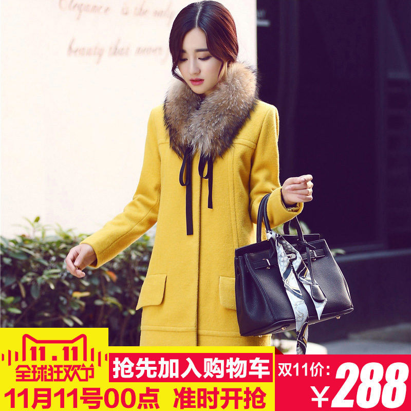 2015冬装新款女装韩版貉子毛领茧型修身中长款毛呢外套呢子大衣女