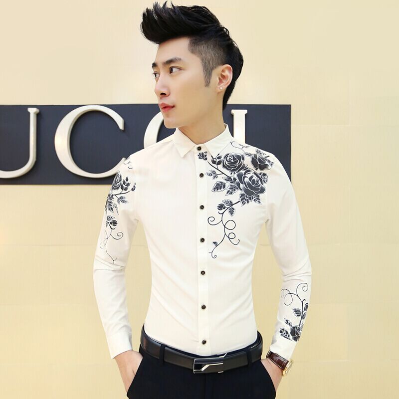 2015春秋装新款韩版男士长袖衬衫修身青少年花衬衣发型师打底衬衫