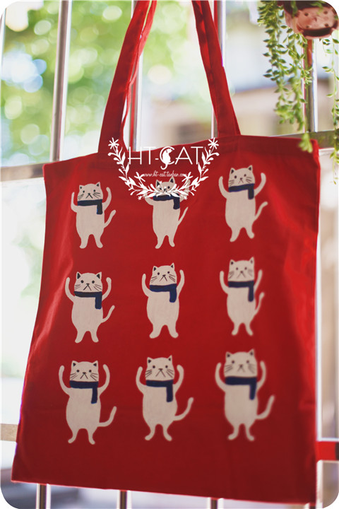 糊涂猫自制 手绘猫星人红色帆布包日系复古双带单肩环保袋