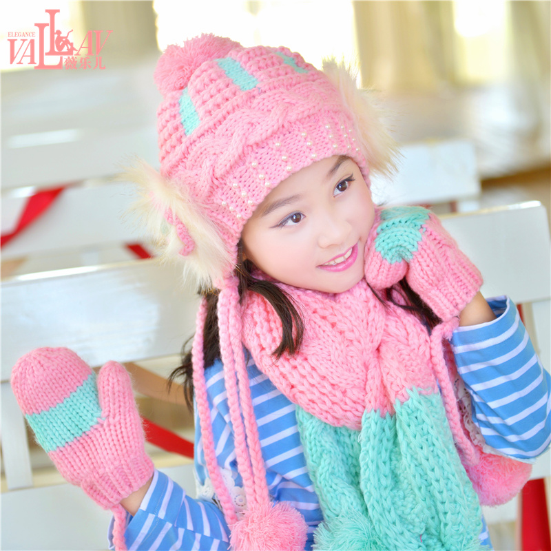秋冬季韩版儿童帽子围巾手套三件套女童宝宝冬天可爱保暖加绒套装