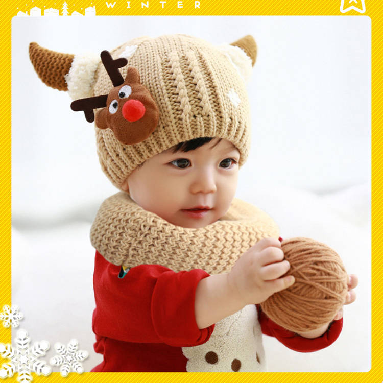 秋冬新款儿童牛角帽子男童女童加绒帽子围脖宝宝毛线帽子婴儿帽子