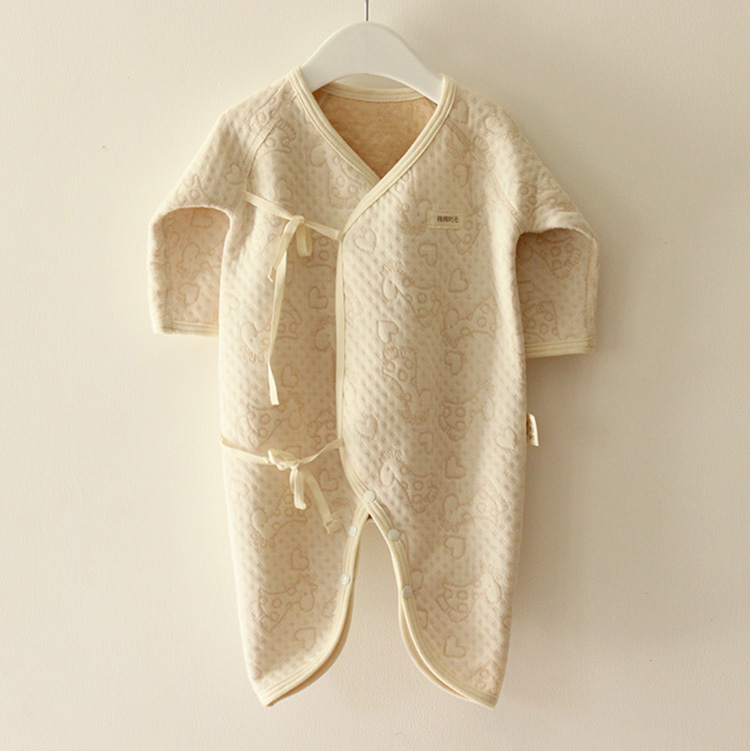 彩棉婴儿系带长袖连体衣 新生儿有机棉爬服  宝宝哈衣