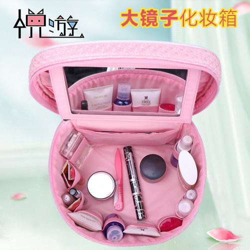 化妆品收纳包 韩国 化妆包 可爱 大容量带镜子 化妆箱 女 包邮折扣优惠信息
