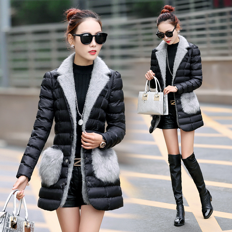 2015新款冬装棉衣女中长款修身韩版水貂绒西装领加厚假两件套外套折扣优惠信息