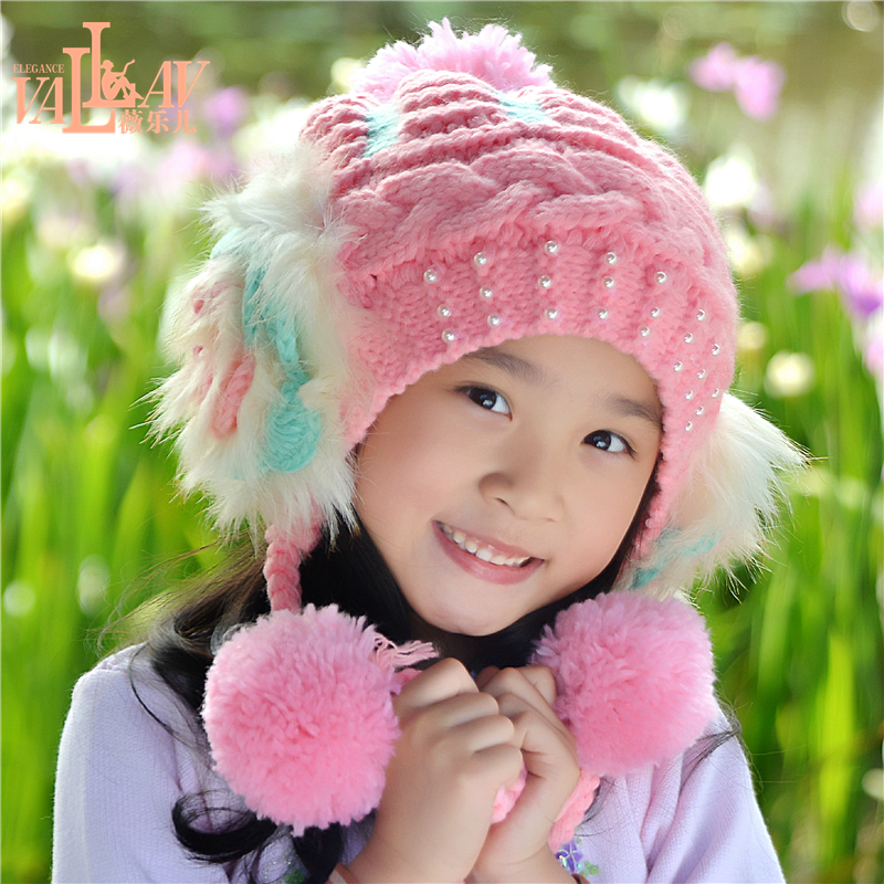 女童帽子秋冬韩版儿童毛线帽套头针织帽加绒保暖帽可爱护耳公主帽