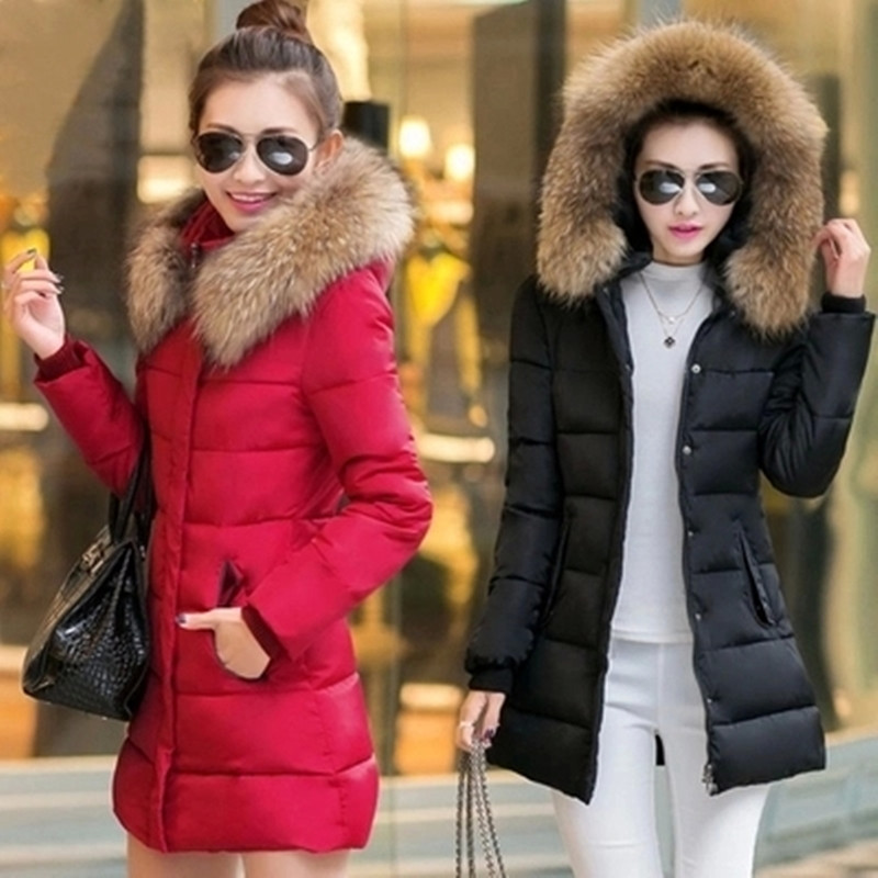 羽绒棉服女2016冬装韩版棉衣女中长款修身加厚可脱卸帽大毛领外套