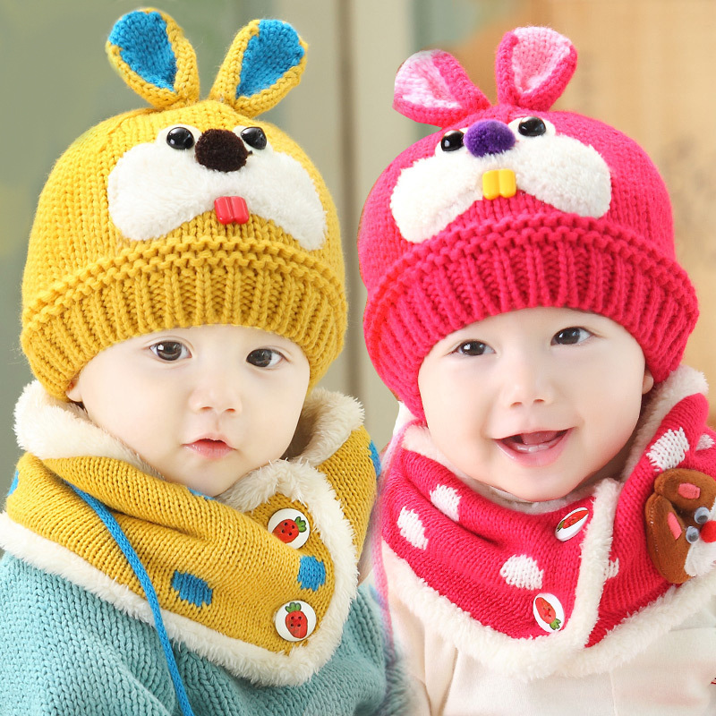 2015冬季新款宝宝帽子儿童帽子兔子毛线帽围脖多件套可爱套装