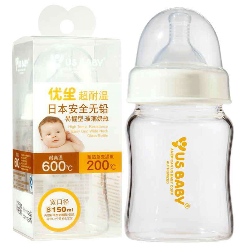 优生USbaby宽口径婴儿玻璃奶瓶易握型超耐温奶瓶S150ml U10504