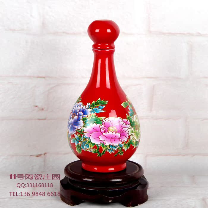 中国红牡丹陶瓷酒瓶1斤装结婚喜庆陶瓷酒瓶批发定制1斤酒瓶景德镇