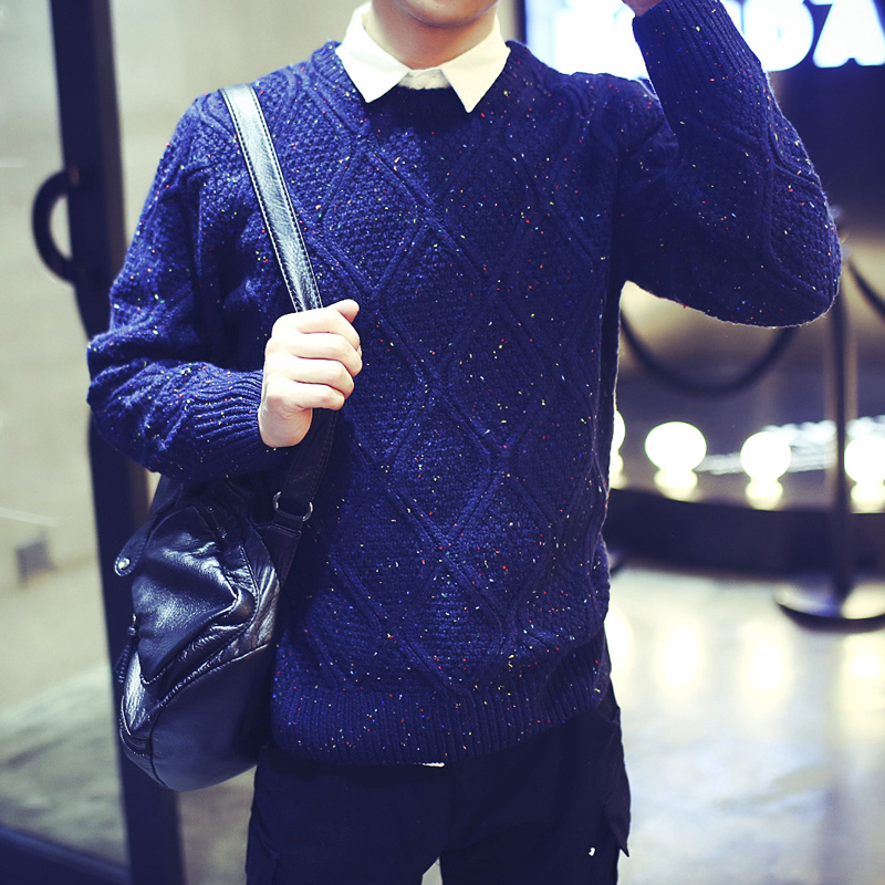 2015男士冬季圆领套头毛衣韩版修身粗线加厚针织衫纯色青年打底衫折扣优惠信息