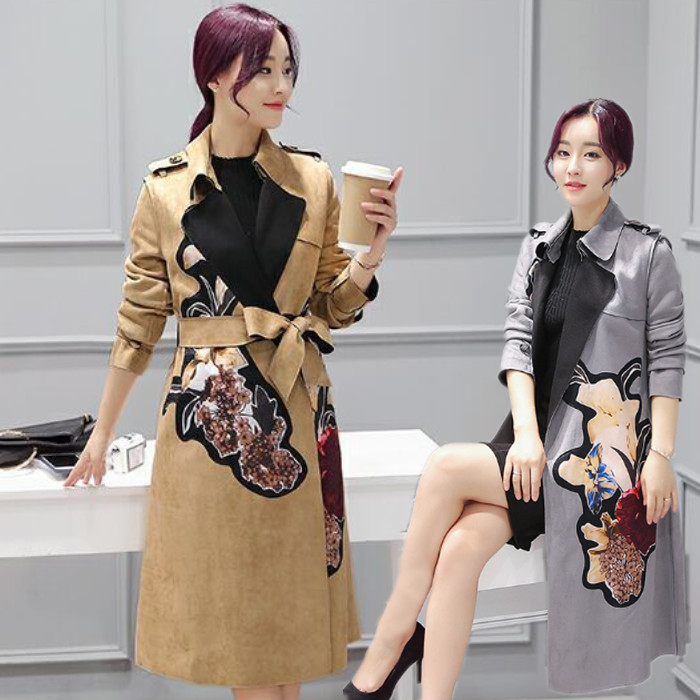 2016秋季新品时尚韩版印花麂皮绒女士长款风衣大翻领修身长袖外套