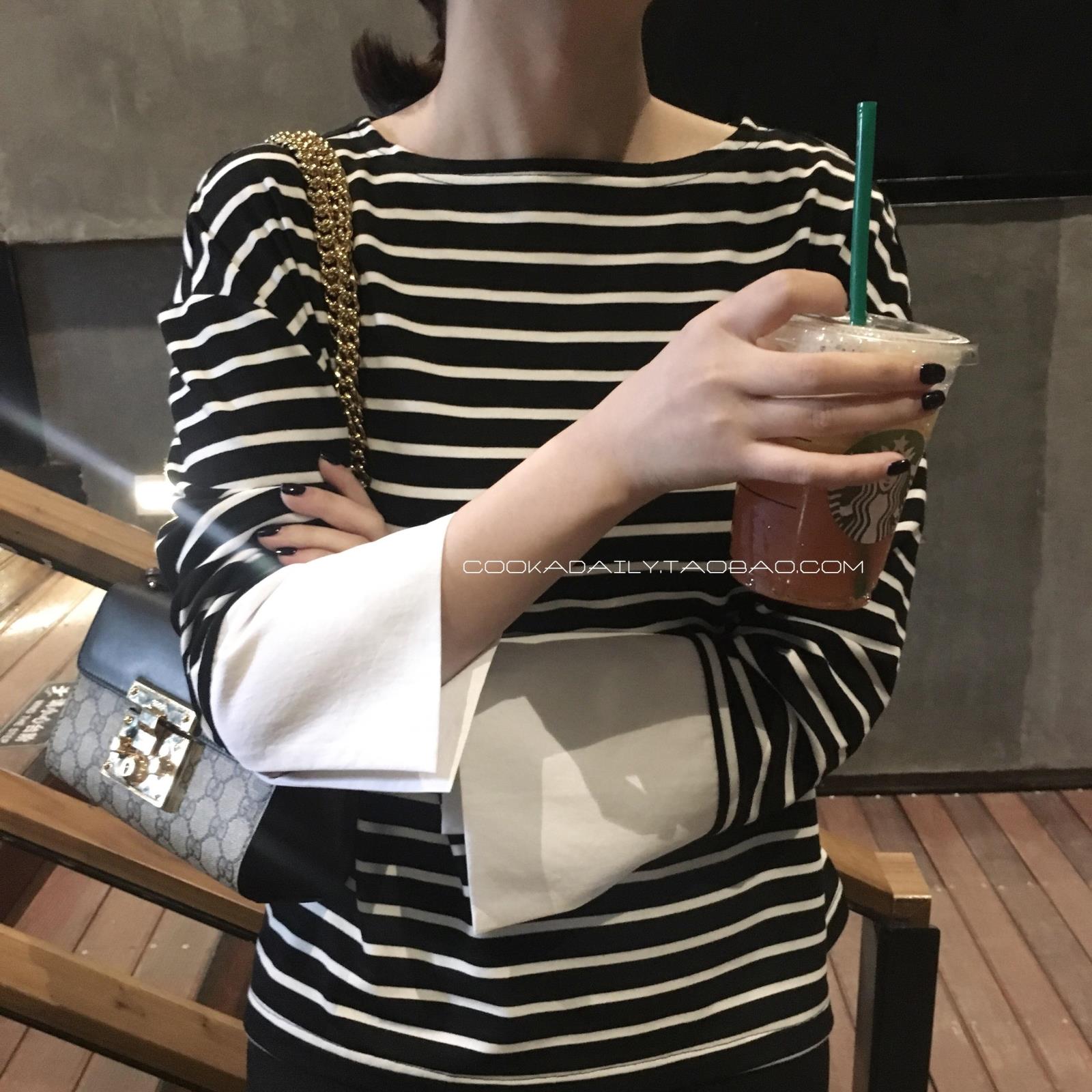2016韩国秋装新款百搭时尚气质显瘦黑白条纹落肩宽松拼接袖T恤
