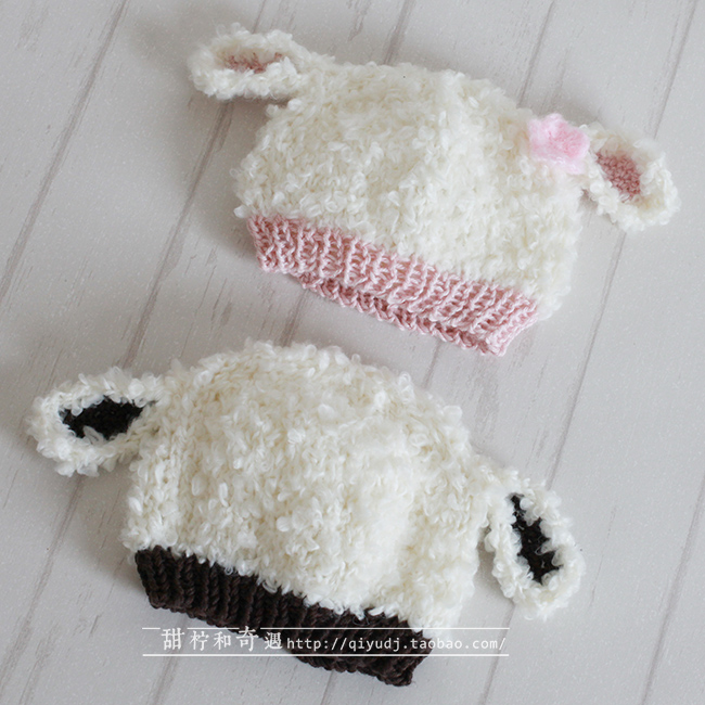 小羊帽新生儿帽子手工编织毛线帽儿童摄影道具0-3个月新品婴儿