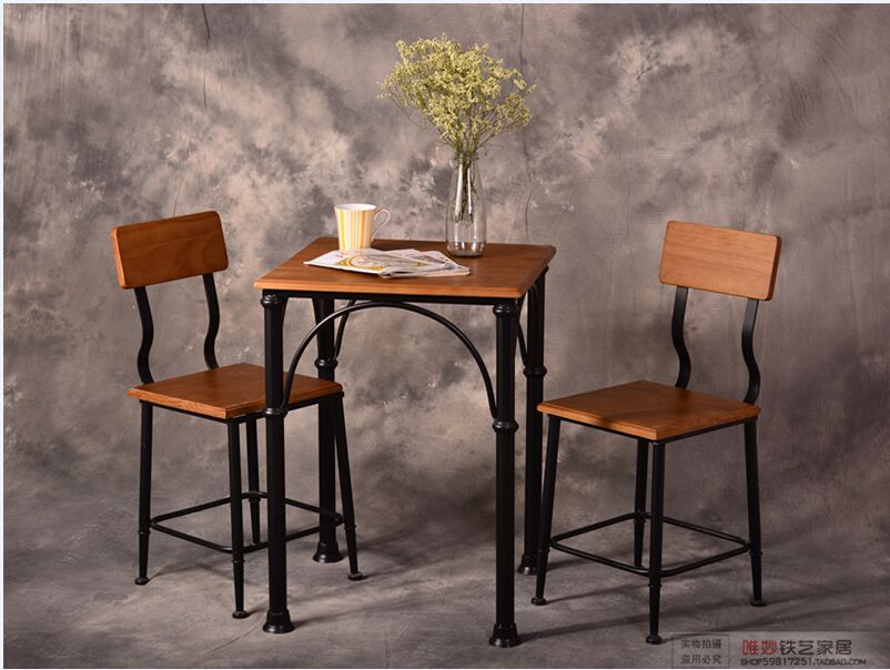 美式实木餐桌椅 复古做旧铁艺餐厅咖啡厅酒吧户外休闲餐桌椅组合