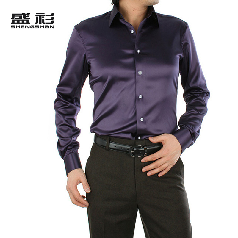 SA02300休闲深紫色高贵气质桑男衬衫仿真丝绸缎长袖衬衣