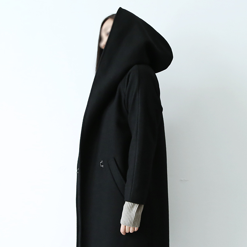 冬新款黑色高档设计酷感女巫茧型连帽宽松长款羊毛呢子大衣外套女折扣优惠信息