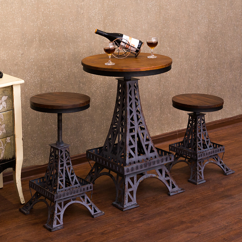 北欧复古铁艺埃菲尔铁塔升降桌椅酒吧咖啡厅桌椅个性吧台桌椅组合