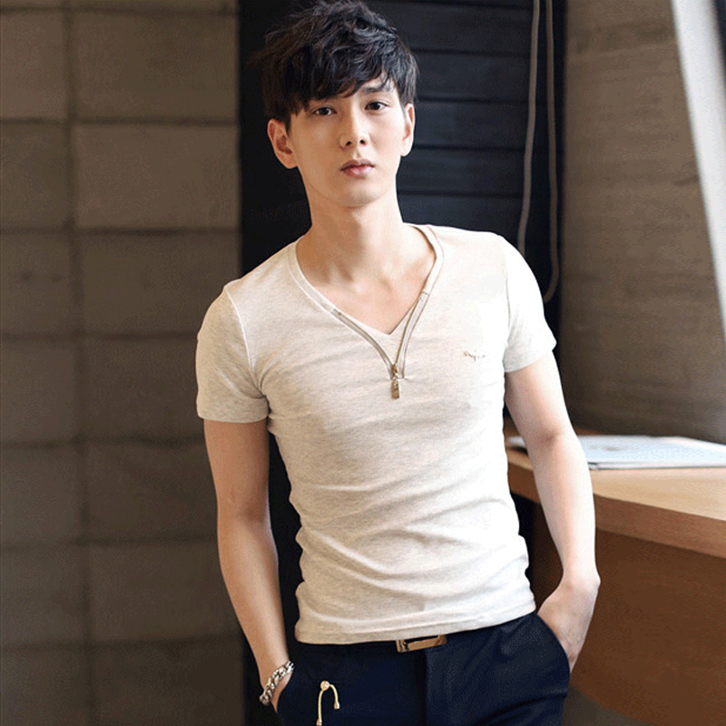 夏季韩版修身短袖t恤男士潮流紧身纯色体恤休闲打底衫男装上衣服