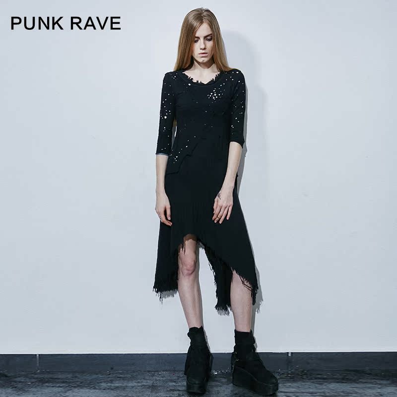 PUNK RAVE2015秋装新款 欧美朋克个性不对称毛边破洞性感连衣裙女折扣优惠信息