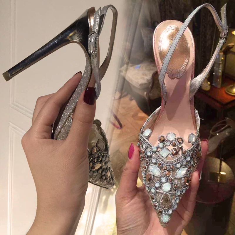 2015秋新款明星同款银色水钻性感细跟单鞋尖头包头蕾丝高跟鞋女折扣优惠信息